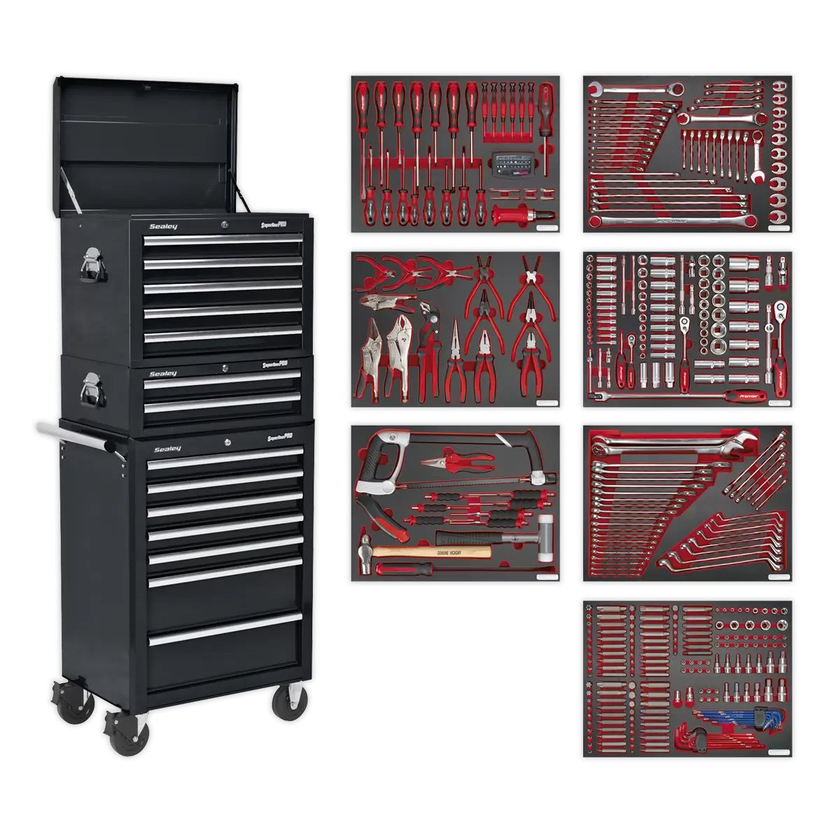 Sealey TBTPCOMBO2 Tool Chest Combination 14 Drawer with Ball Bearing Slides Black & 446pc Tool Kit
