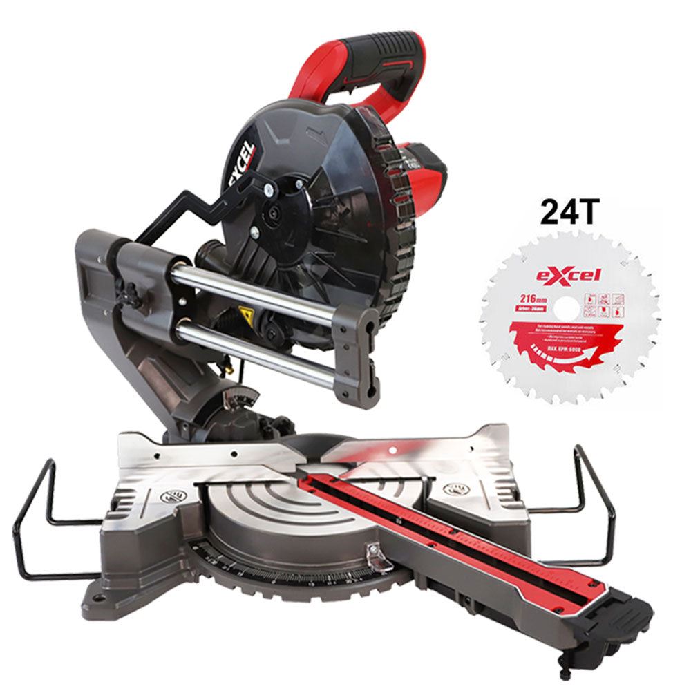 Excel 216mm Mitre Saw Large Base with Laser 240V 1500W Extra 1 x 24T Blade