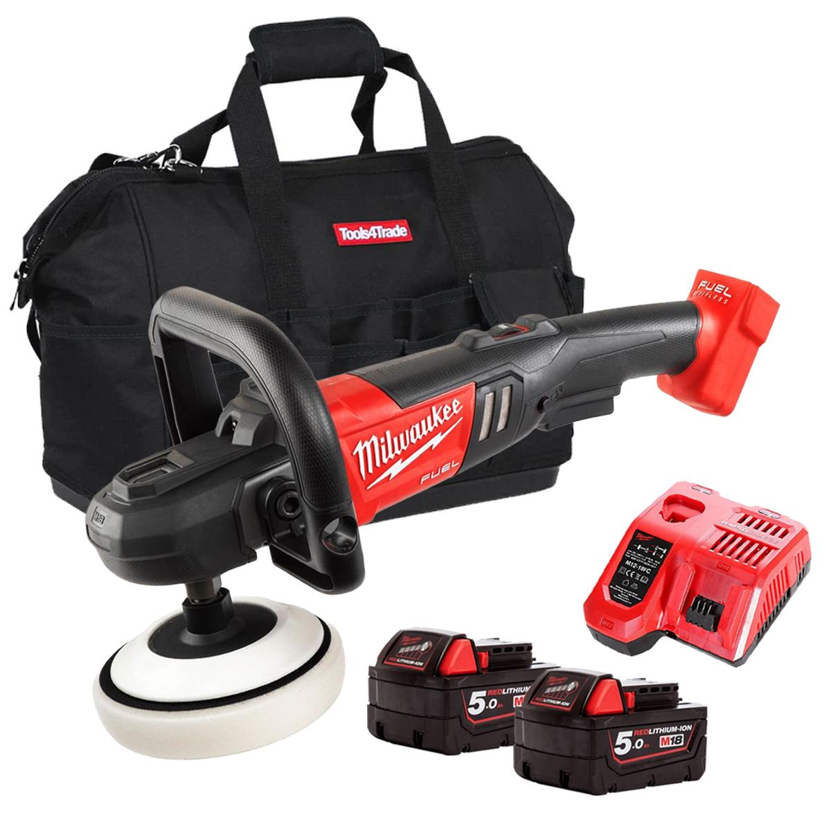 Milwaukee M18FAP180-0 18V 180mm Fuel Brushless Polisher with 2 x 5.0Ah Battery Charger & Bag