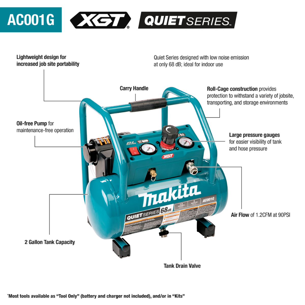 Makita AC001GZ 40Vmax XGT Brushless 7.6L Air Compressor Body Only