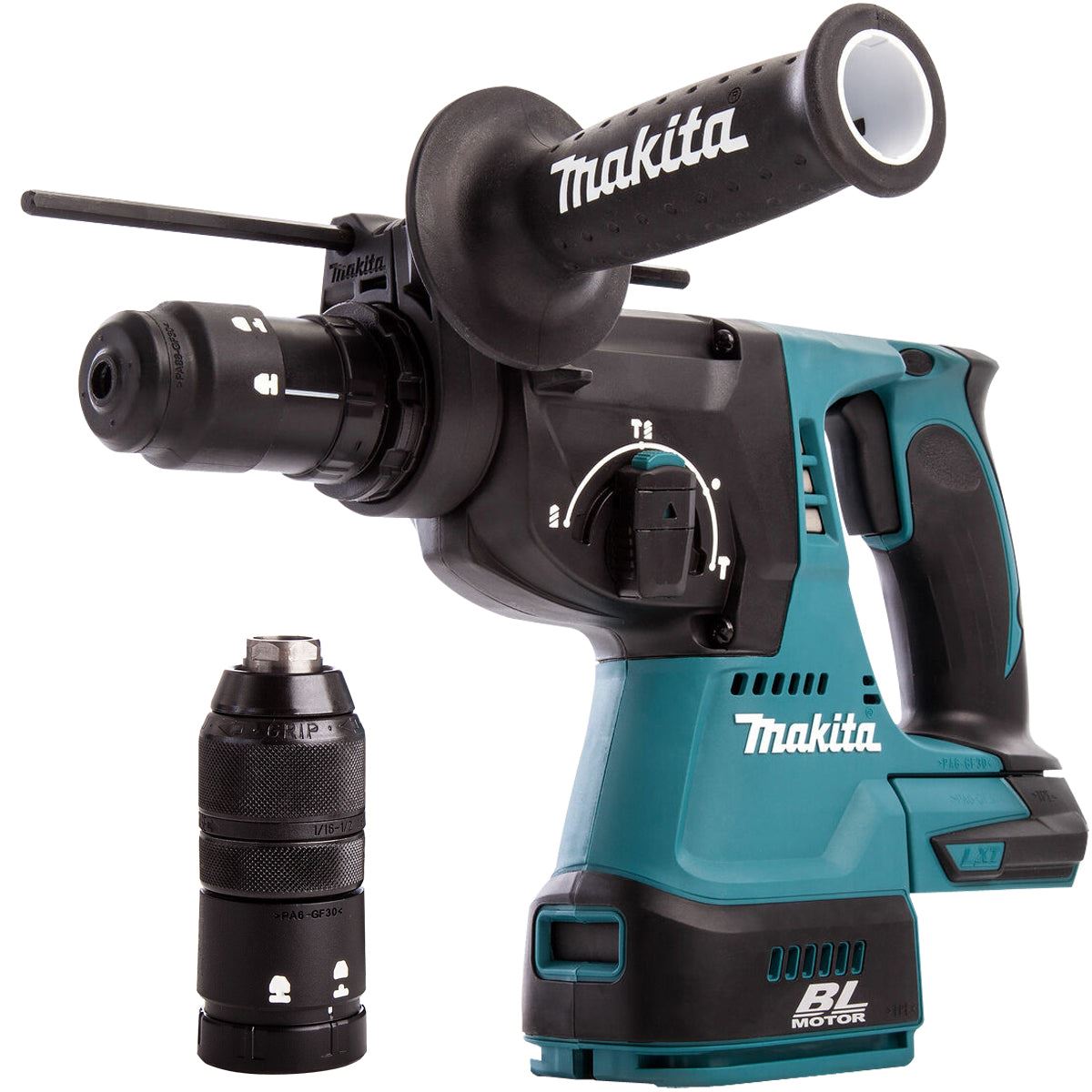 Makita DHR243Z 18V LXT Brushless 24mm SDS+ Rotary Hammer Drill With 4 Piece Chisel Set + Keyless Chuck
