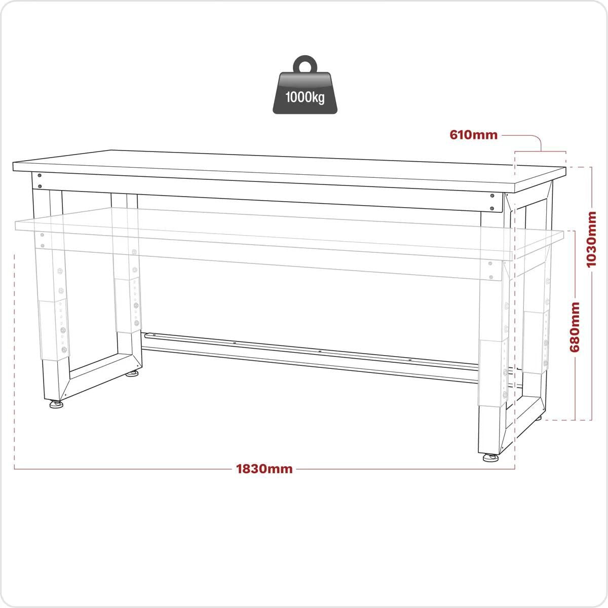 Sealey APMS22 Steel Adjustable Workbench with Wooden Worktop 1830mm