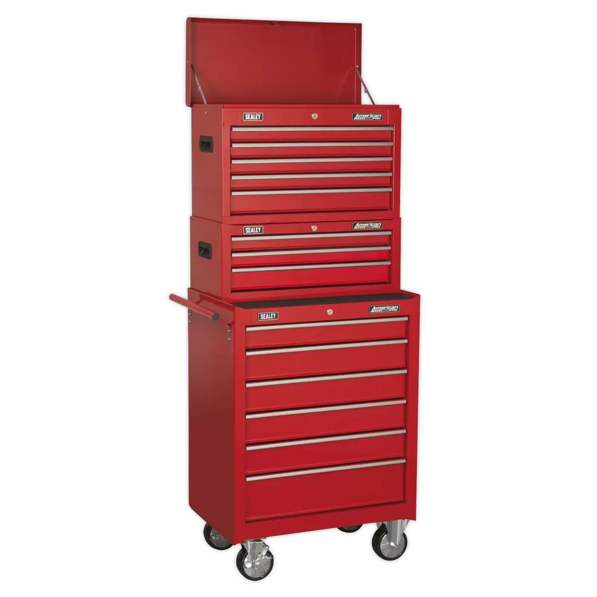 Sealey AP22STACK Topchest, Mid-Box & Rollcab 14 Drawer Stack Red