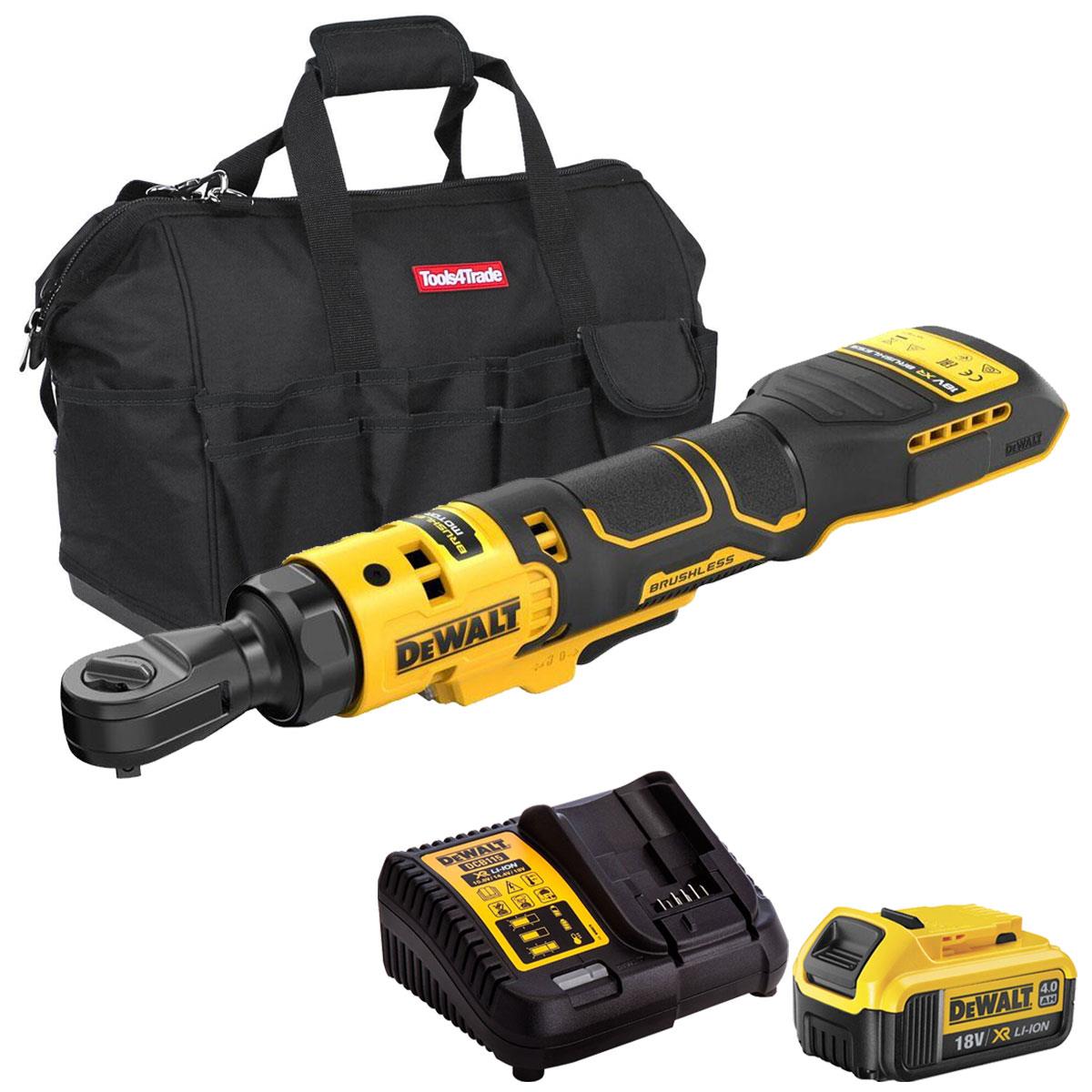Dewalt DCF514N-XJ 18V XR 1/4'' Brushless Open Head Ratchet with 1 x 4.0Ah Battery Charger & Bag