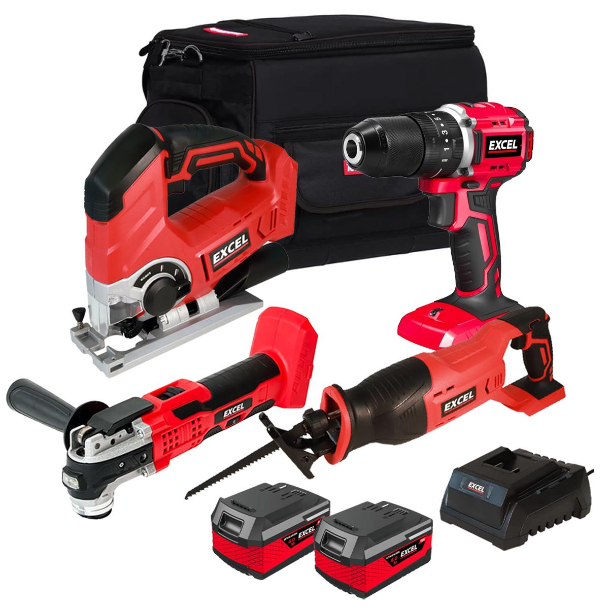 Excel 18V Cordless 4 Piece Tool Kit with 2 x 4.0Ah Batteries & Charger in Bag EXL5171