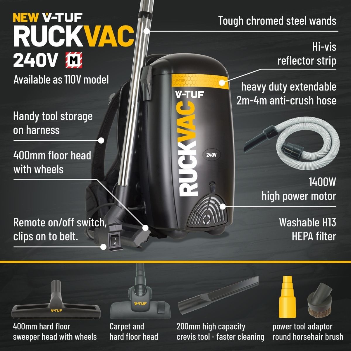 V-TUF RUCKVAC-240 Industrial Backpack Vacuum Cleaner with Lung Safe Hepa H13 Filtration 240v