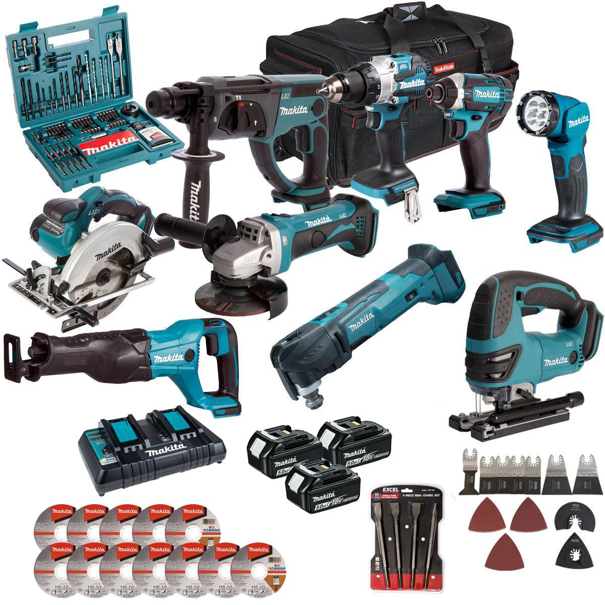 Makita 18V 9 Piece Combo Kit with 3 x 5.0Ah Battery Charger & Accessories Set T4TKIT-17228