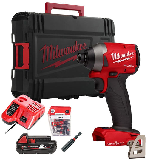 Milwaukee M18ONEID2-0X 18V ONE-KEY Brushless Impact Driver with 2.0Ah Battery Charge, Holder & 25pc PH2 Bit Set