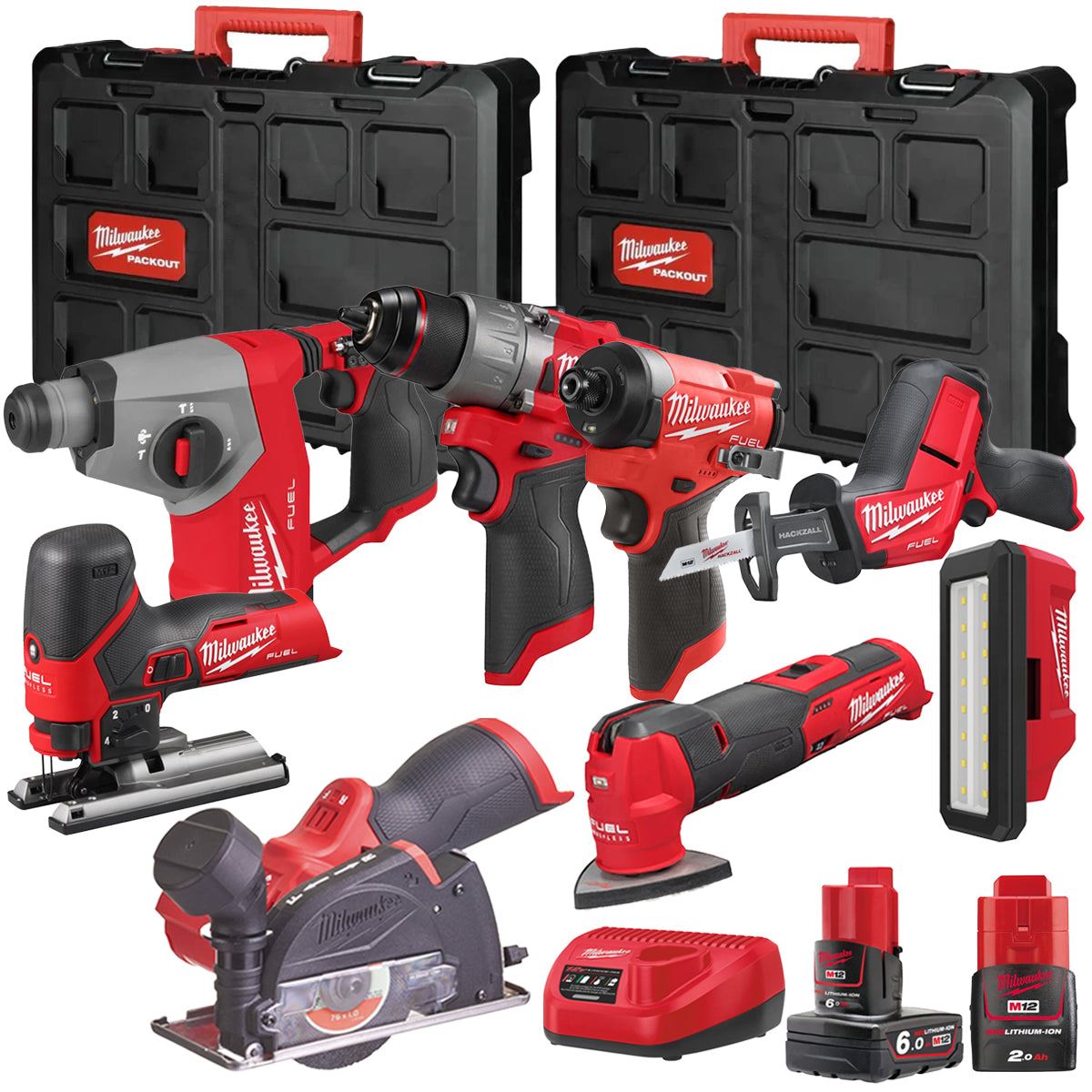 Milwaukee M12FPP7B2-626P 12V Fuel 8 Piece Powerpack Tool Kit with 1 x 6.0Ah & 2.0Ah Batteries, Charger & Case