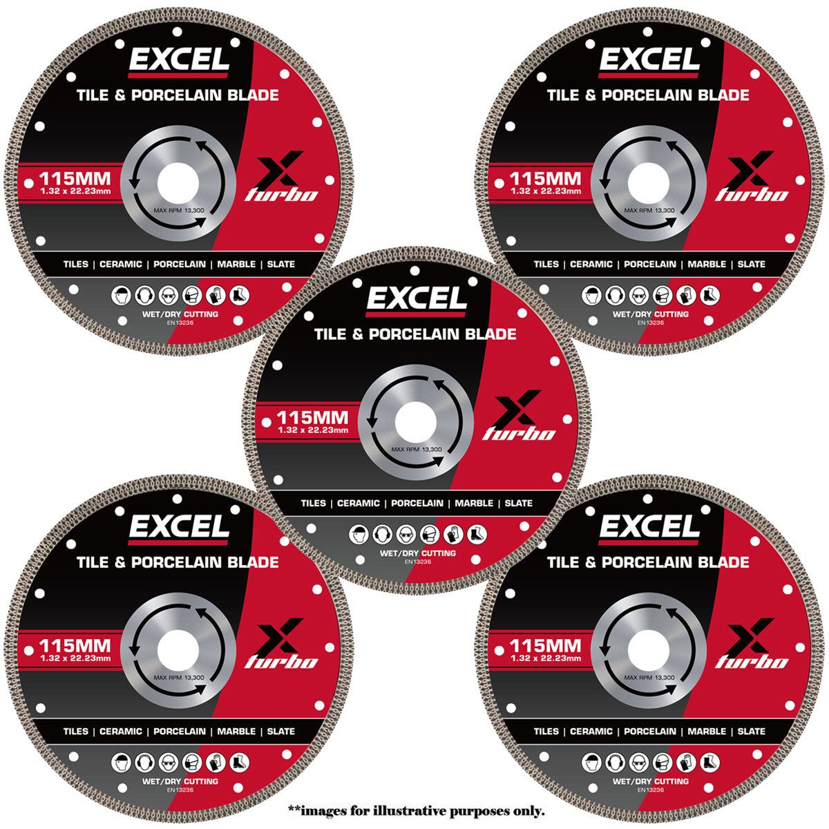 Excel 115mm Diamond Blade for Ceramic & Porcelain Wet & Dry Use Pack of 5