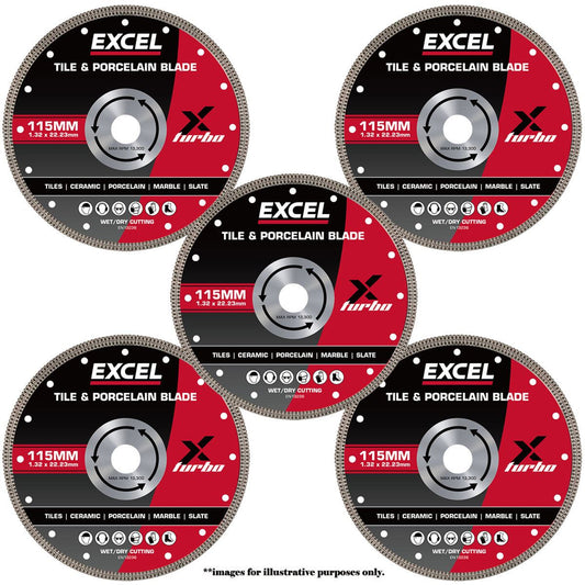 Excel 115mm Diamond Blade for Ceramic & Porcelain Wet & Dry Use Pack of 5