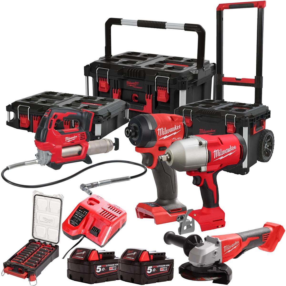 Milwaukee 18V 4 Piece Combo Kit with 2 x 5.0Ah Battery, Charger, Socket Set & Packout Trolley Toolbox