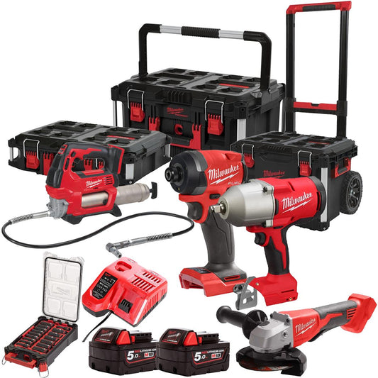 Milwaukee 18V 4 Piece Combo Kit with 2 x 5.0Ah Battery, Charger, Socket Set & Packout Trolley Toolbox