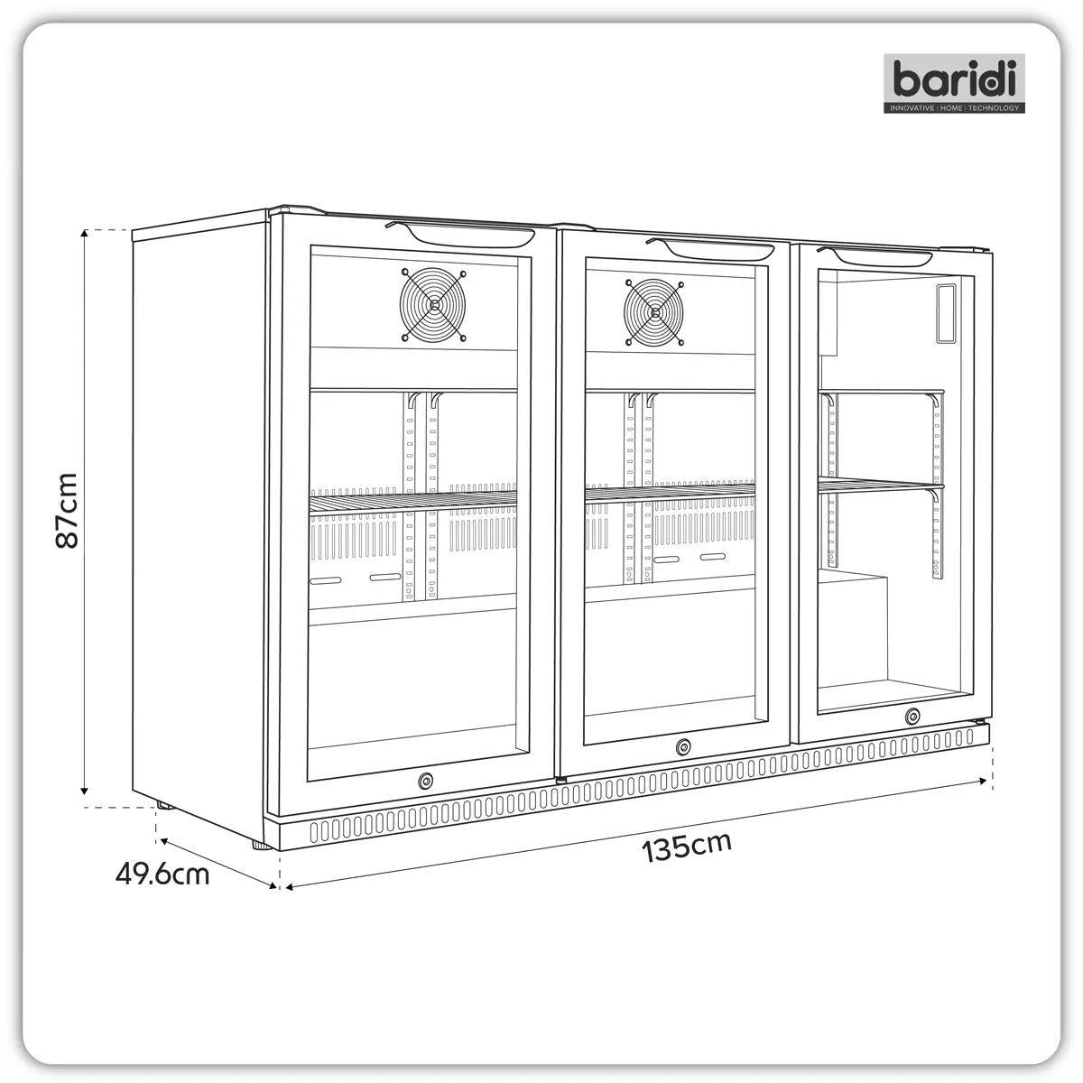Sealey DH336 Baridi Back Bar Drinks Fridge/Cooler with Triple Hinged Door & Security Lock 307L Black 240V