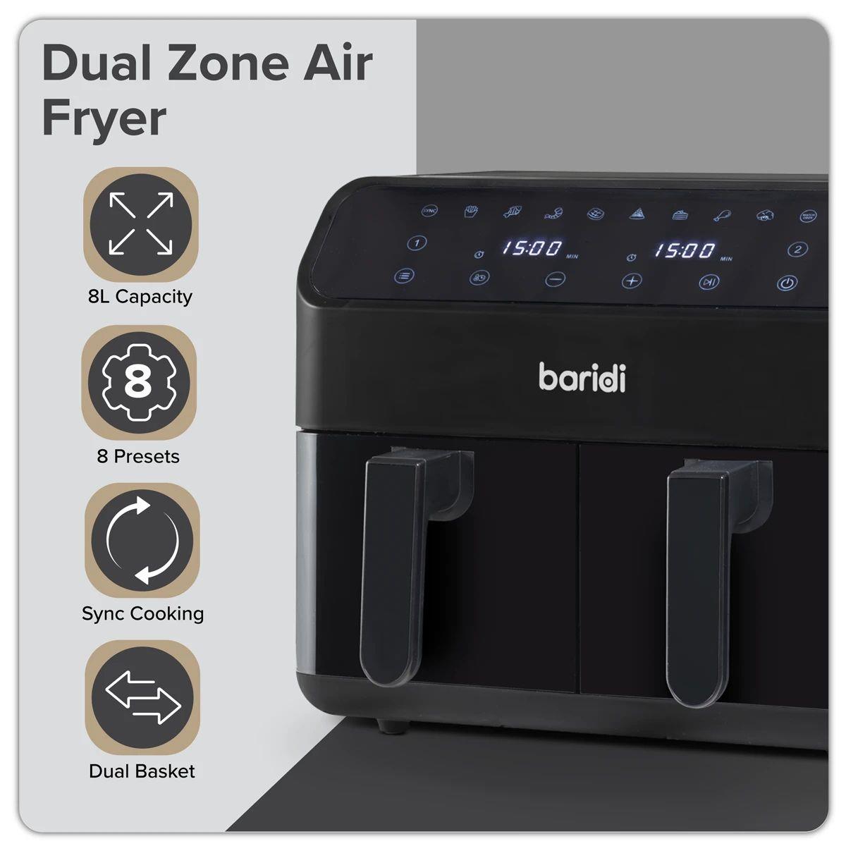 Sealey DH172 Baridi Dual Zone Air Fryer with 8 Preset Functions 8L Capacity 230V/1700W