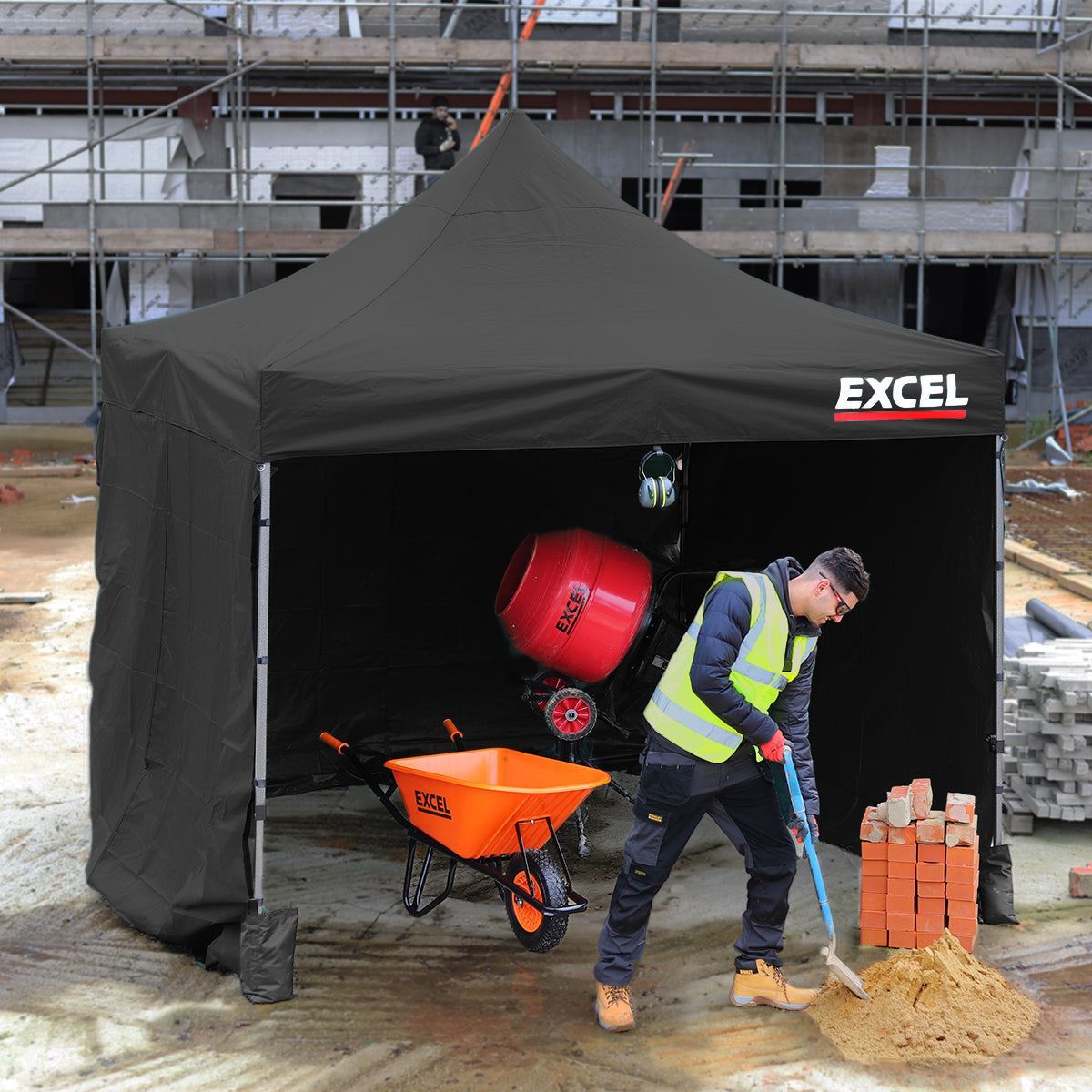 Excel Steel Gazebo 3m x 3m Black with Wheel Bag, Wall panel, Sand Bag