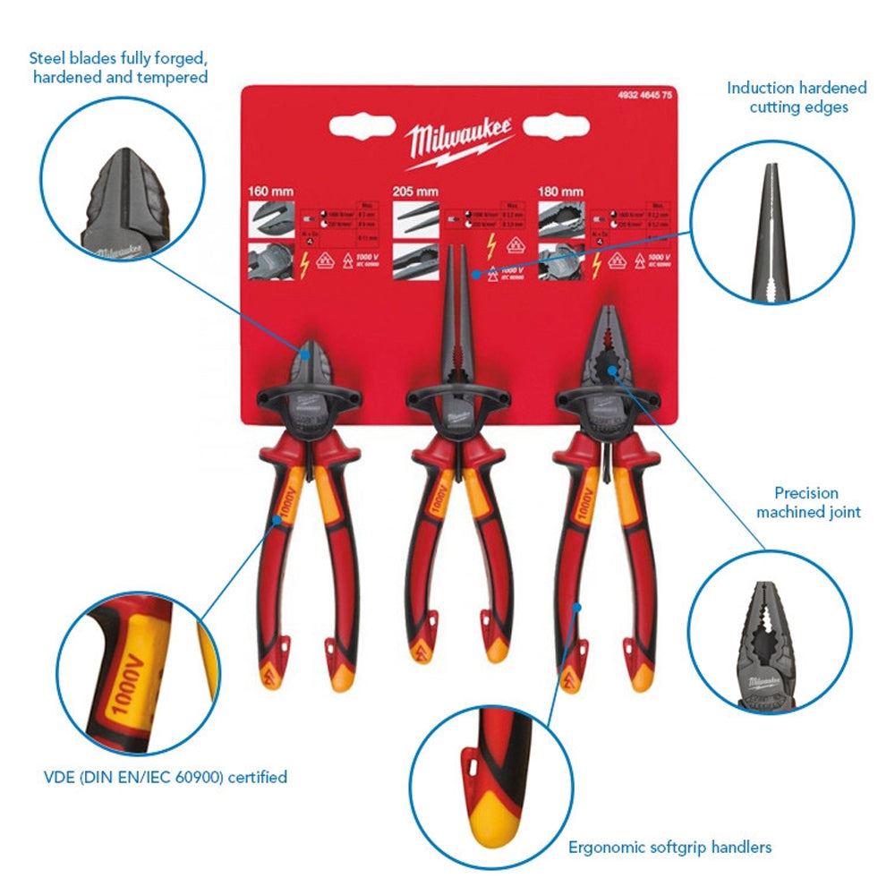 Milwaukee - conjunto de 3 alicates vde - 4932464575 Milwaukee - conjunto de 3 alicates vde - 4932464575