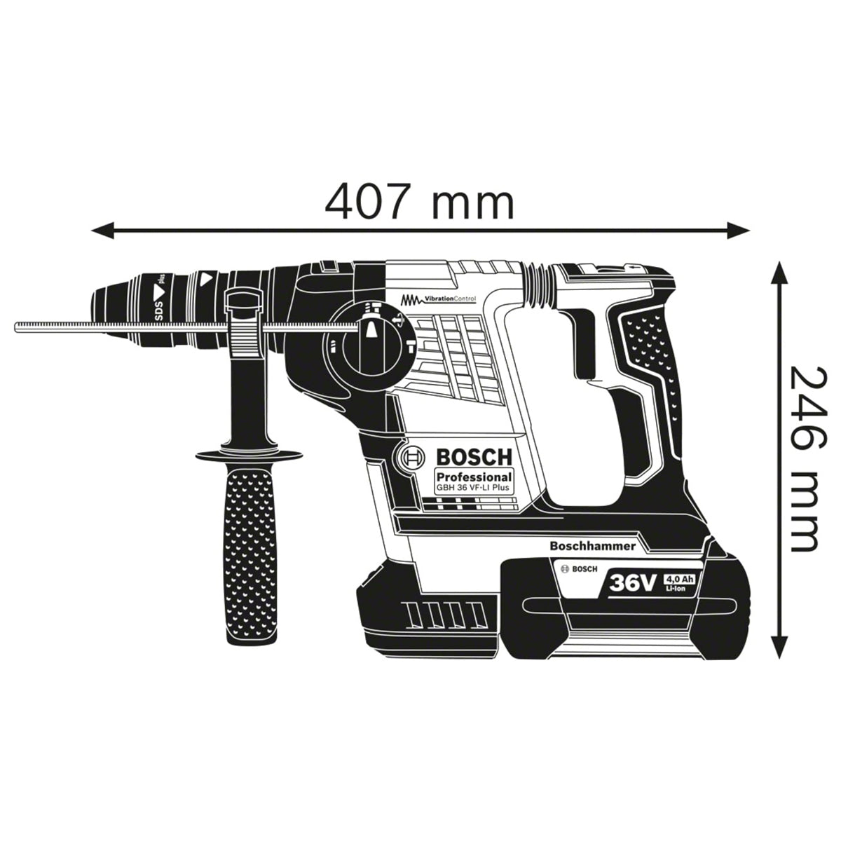 Bosch GBH 36 VF-LI Plus 36V Professional SDS-Plus Rotary Hammer with 2 x 6.0Ah Batteries & Charger 0611907076