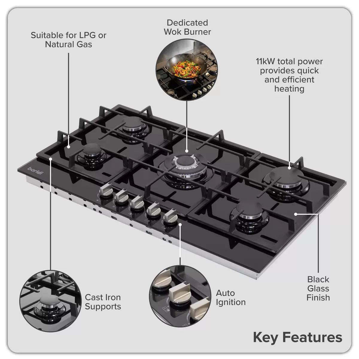 Sealey DH383 Baridi 90cm Gas Hob Black Glass with 5 Burners, Cast Iron Supports & Auto Ignition 11kW/230V