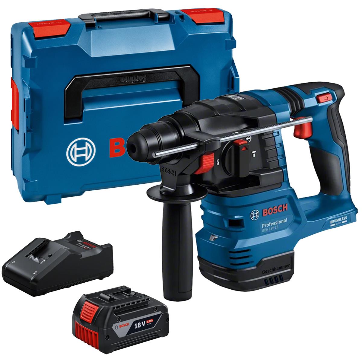 Bosch GBH 18V-22 18V Brushless SDS-Plus Rotary Hammer Drill with 1 x 5.0Ah Battery, Charger & Case