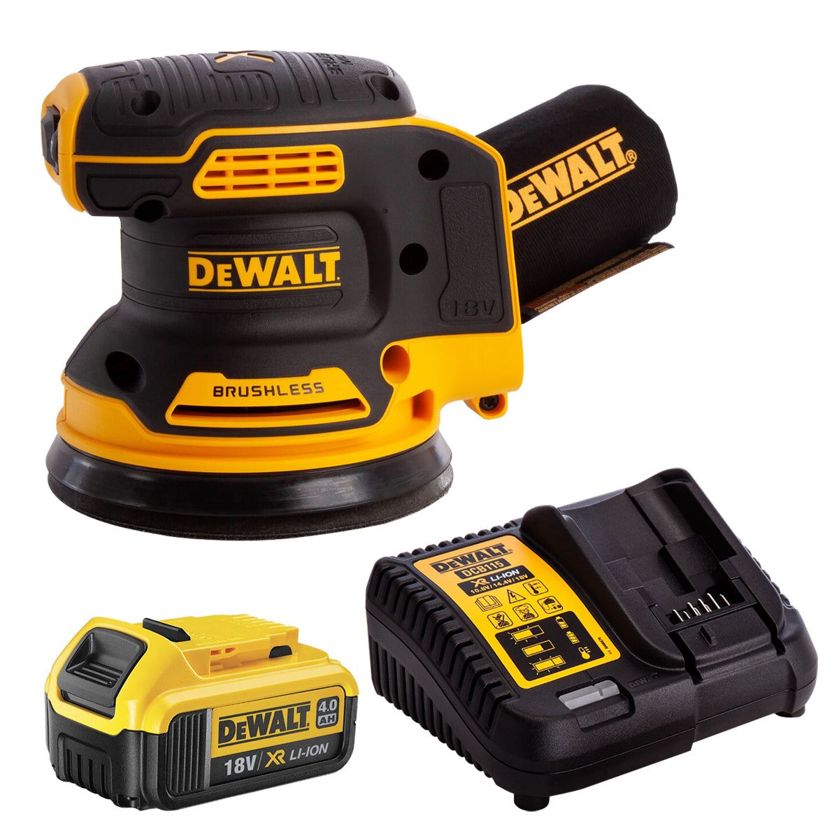 Dewalt DCW210N 18V Brushless 125mm Sander with 1 x 4.0Ah Battery & Charger