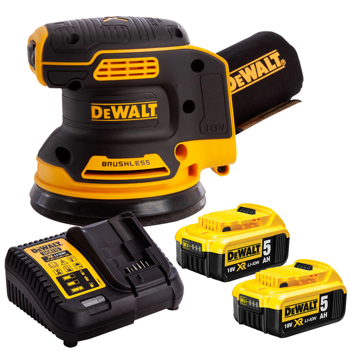 Dewalt DCW210N 18V Brushless 125mm Sander with 2 x 5.0Ah Batteries & Charger