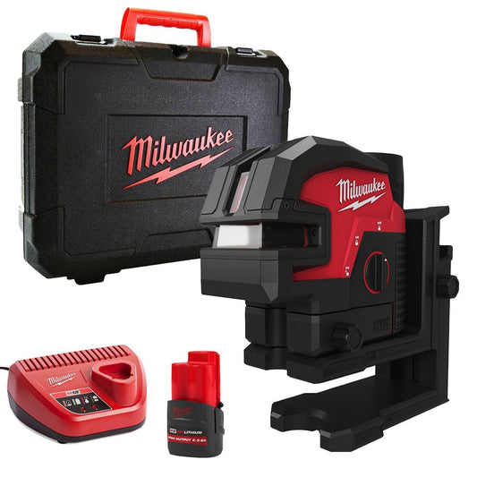 Milwaukee M12CLL4P-0C 12V Cross Line Laser with 1 x 2.5Ah Battery Charger & Case