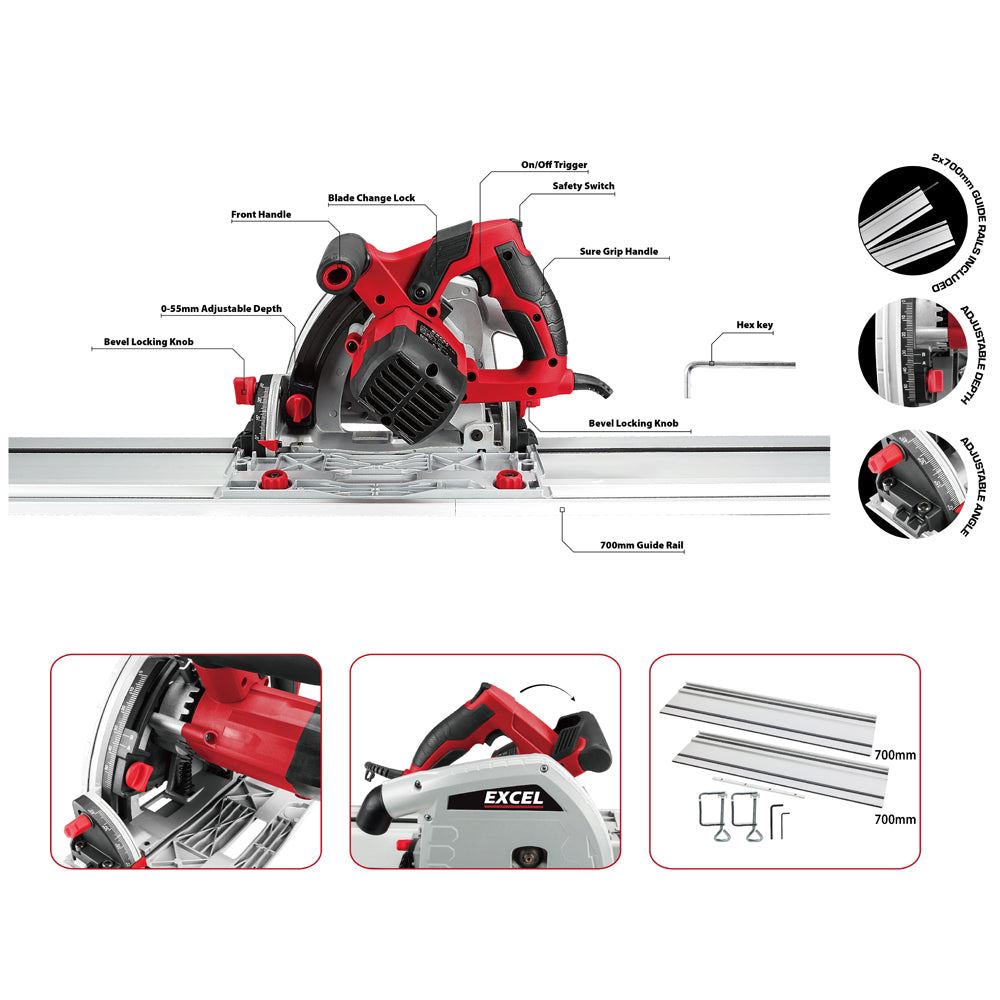 Excel 165mm Plunge Saw 1200W/240V with Guide Rail Set
