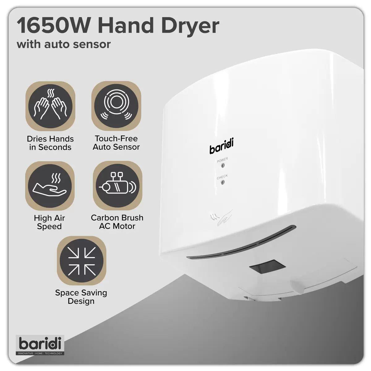 Sealey DH378 Baridi High Speed Hand Dryer with Auto Sensor 1400-1650W/230V White
