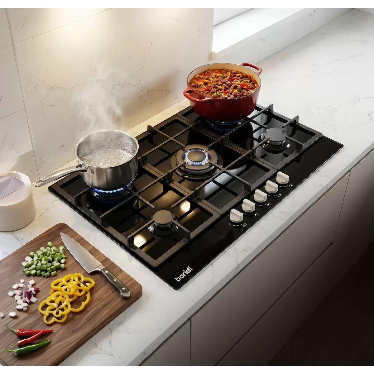 Sealey DH383 Baridi 90cm Gas Hob Black Glass with 5 Burners, Cast Iron Supports & Auto Ignition 11kW/230V