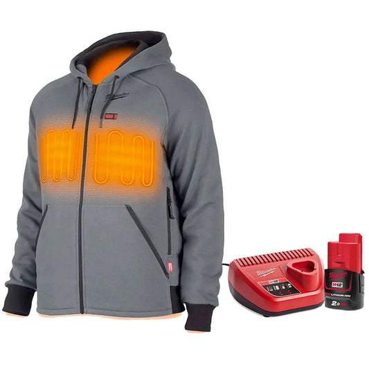 Milwaukee M12 12V Grey Heated Hoodie XL Extra Large with 1 x 2.0Ah Battery & Charger