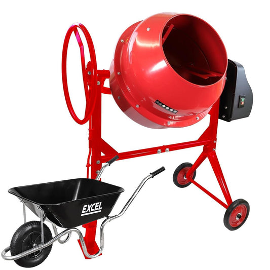 Excel 180L Portable Cement Concrete Mixer 240V/800W with Wheels & 100L Wheelbarrow Black Steel Tray
