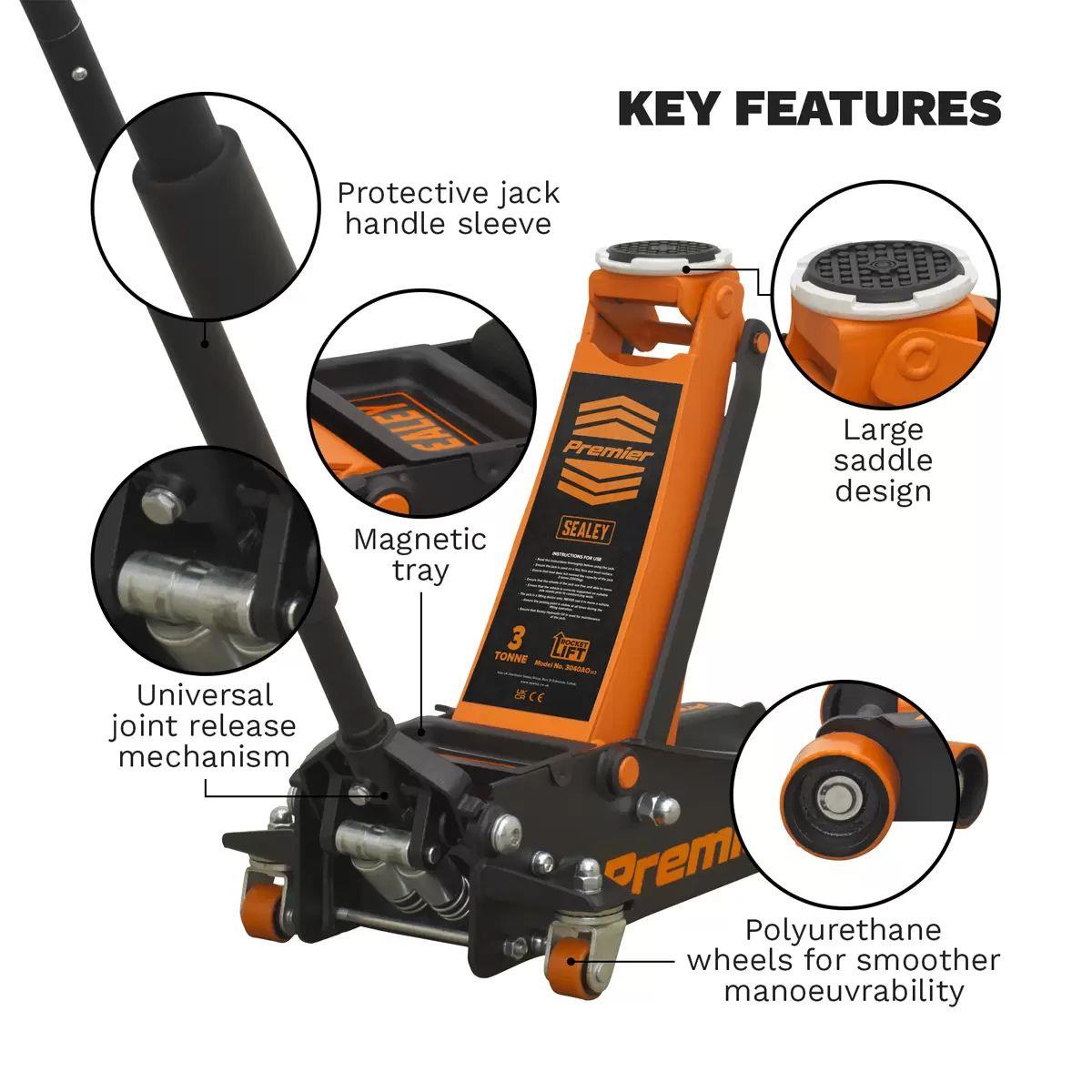 Sealey 3040AO Premier Trolley Jack 3 Tonne Ton Rocket Lift Orange Car Van Garage