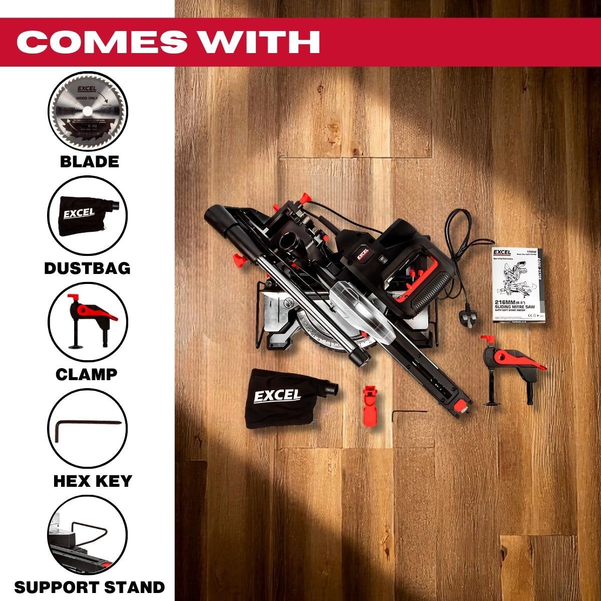 Excel 216mm Sliding Mitre Saw 240V/1700W with LED Light & Universal Stand