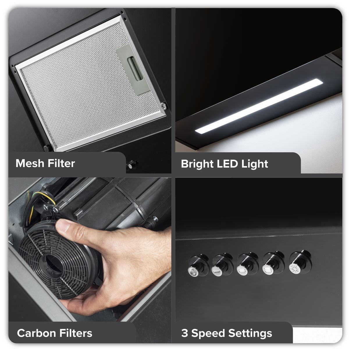 Sealey DH106 Baridi Angled Chimney Cooker Hood with Carbon Filters & LED Lamp 90cm Black Glass