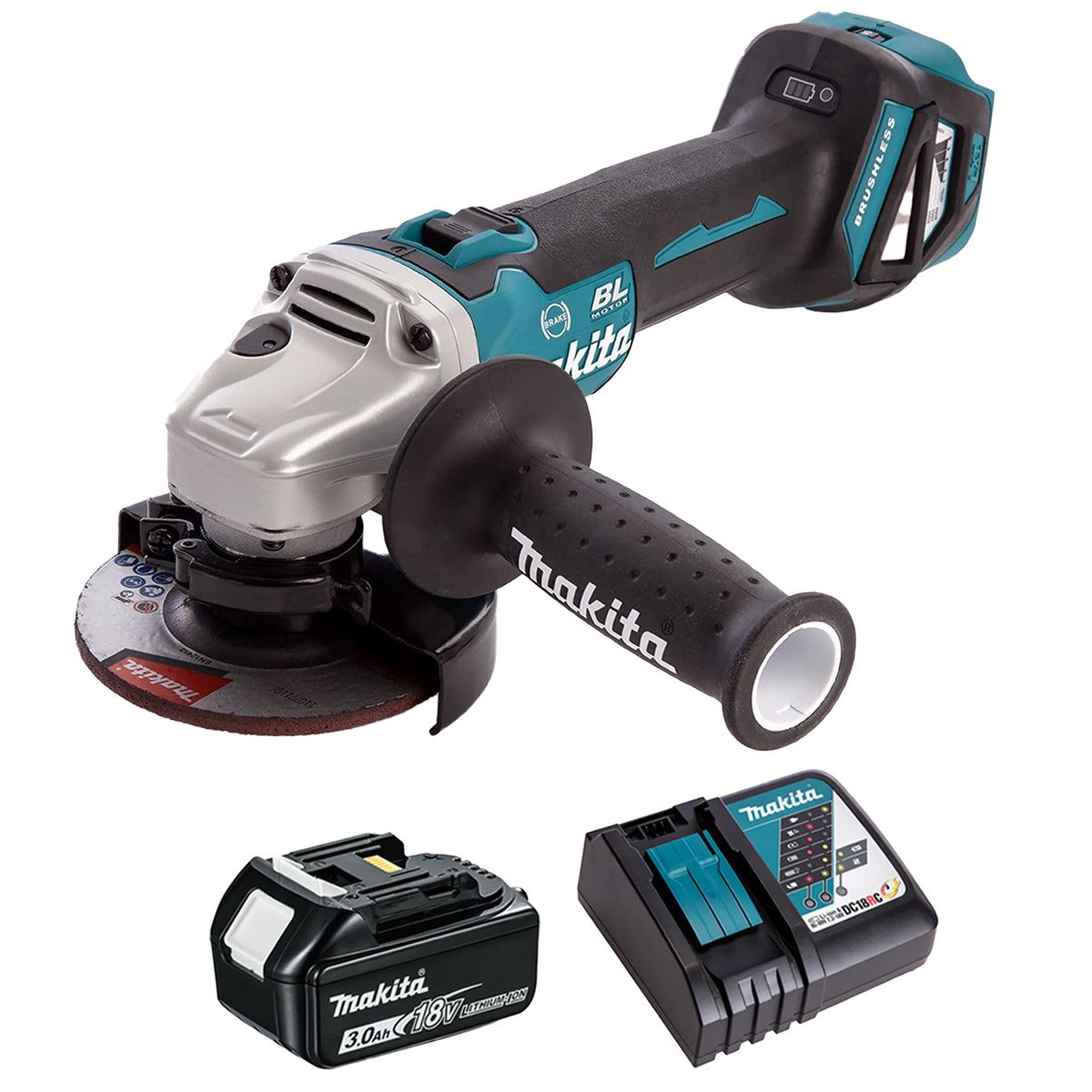 Makita DGA463Z 18V Brushless 115mm Angle Grinder with 1 x 3.0Ah Battery & Charger
