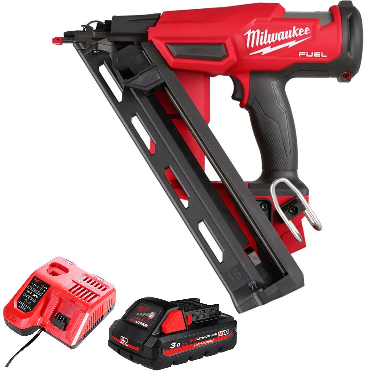 Milwaukee M18FN15GA-0 18V Brushless 15Ga Angled Finish Nailer with 1 x 3.0Ah Battery & Charger