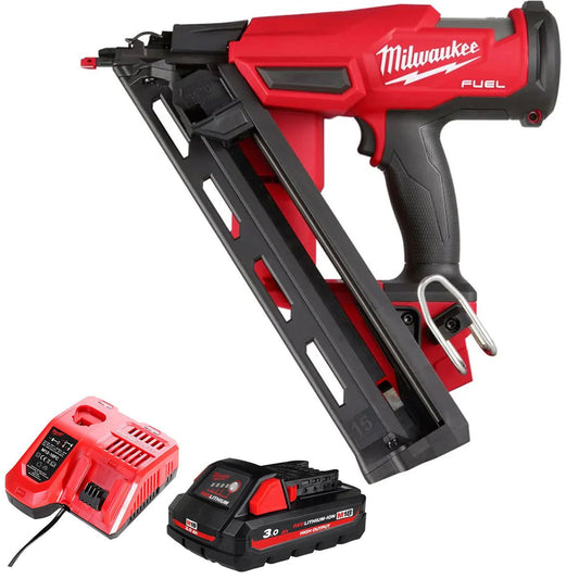 Milwaukee M18FN15GA-0 18V Brushless 15Ga Angled Finish Nailer with 1 x 3.0Ah Battery & Charger