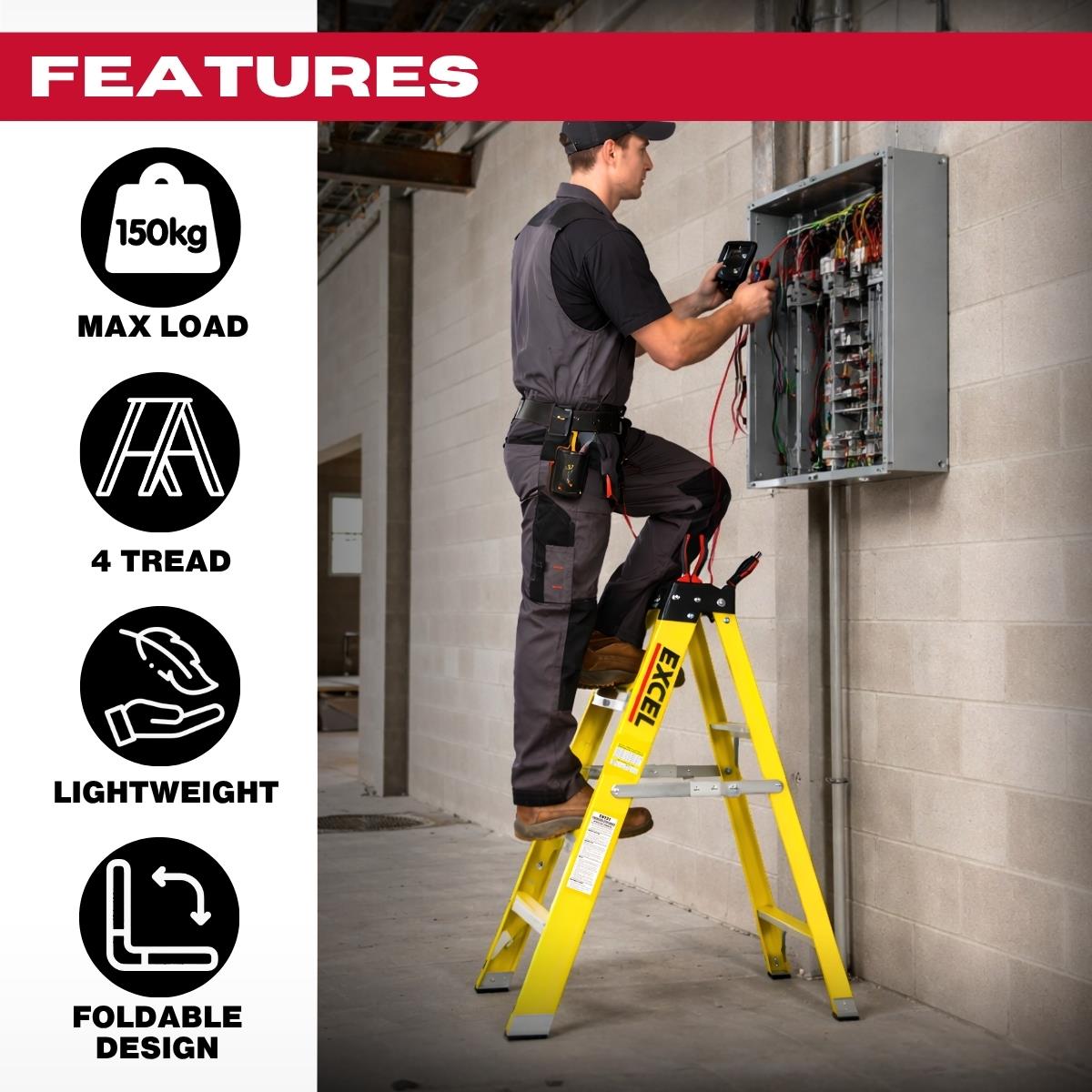 Excel Electricians Fibreglass Step Ladder 4 Tread 0.96m Heavy Duty