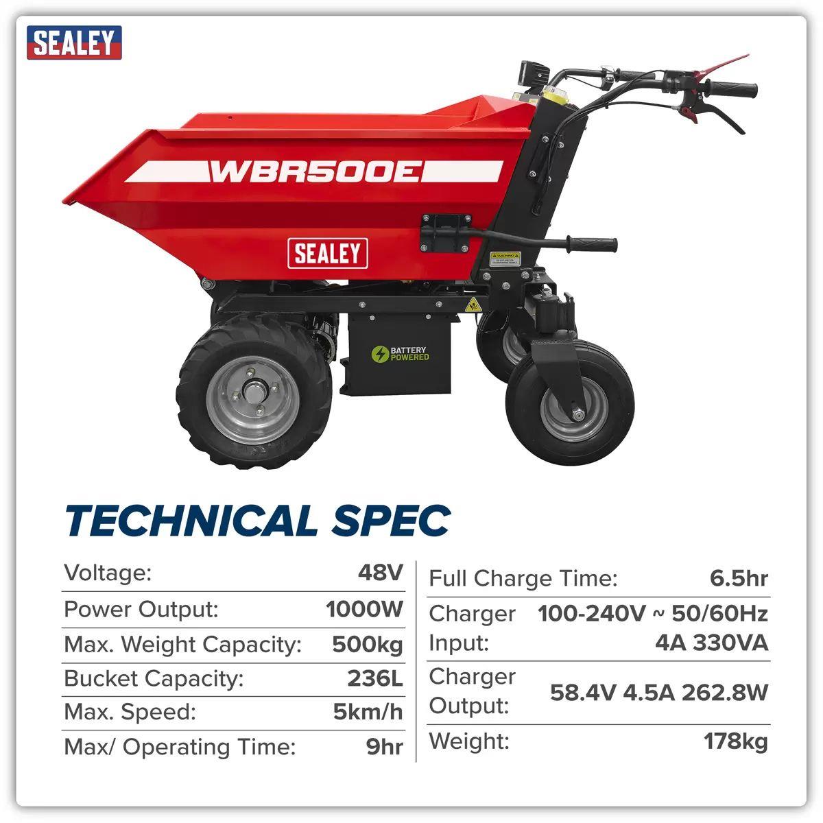 Sealey WBR500E 48V Electric Mini Dumper Weight Capacity 500kg & Bucket Capacity 236L
