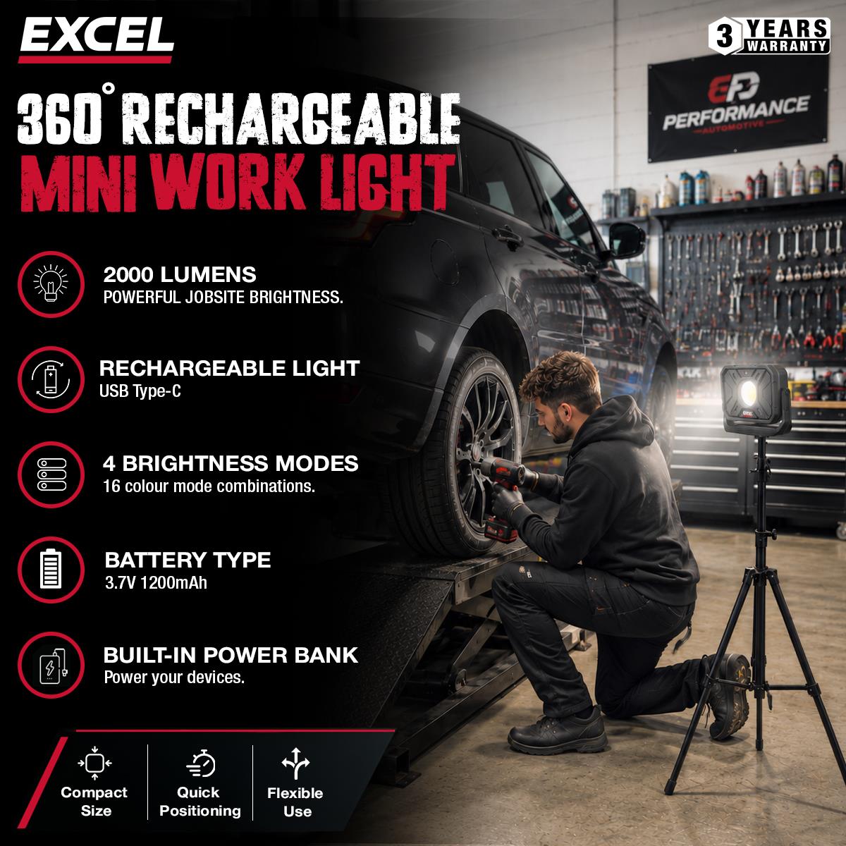 Excel 2000 Lumens LED Magnetic Rechargeable Work Light