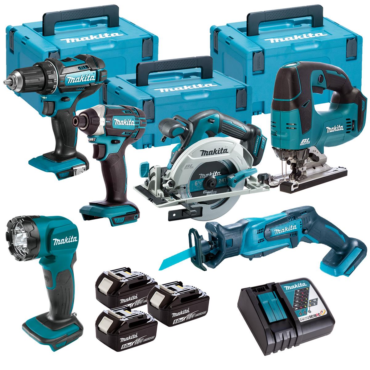 Makita 6 Piece Kit 18V Li-ion With 3 x 5.0Ah Batteries Charger T4TKIT-102