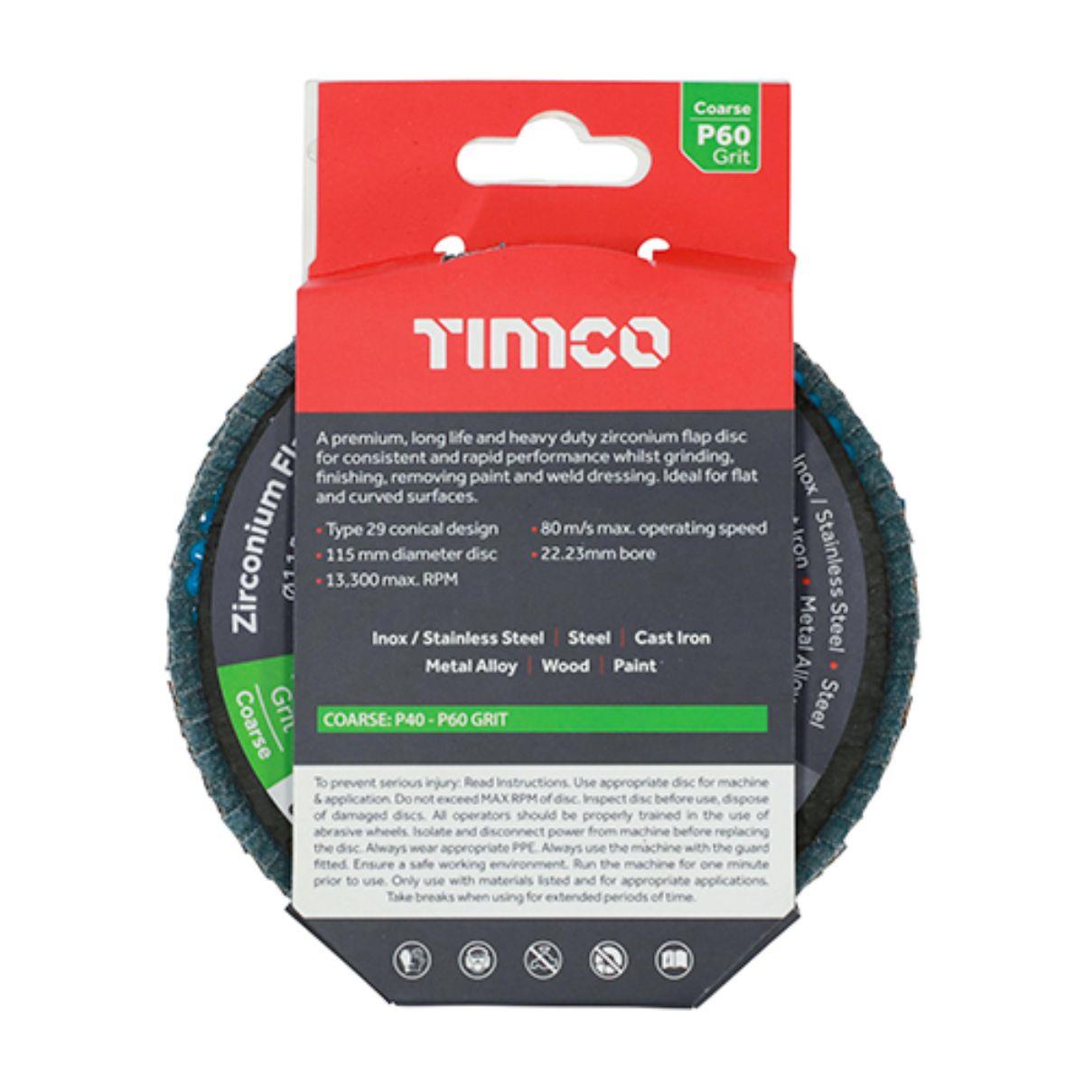 Timco 115mm Heavy Duty Zirconium Flap Disc P60 Grit - 231528