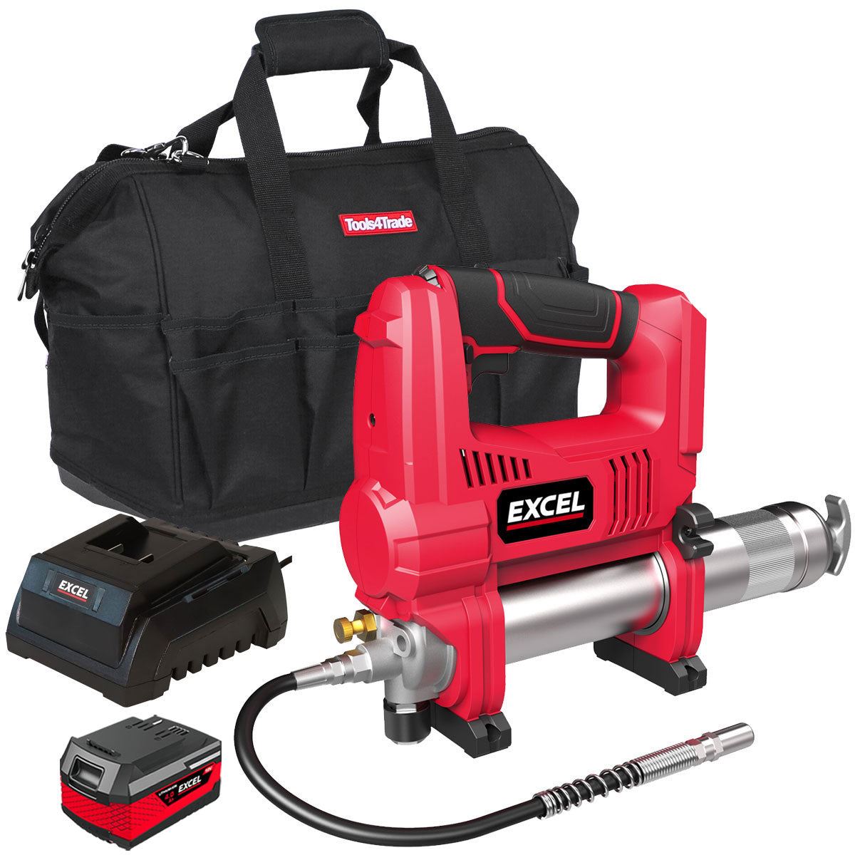 Excel 18V Cordless Grease Gun with 1 x 4.0Ah Battery Charger & Bag
