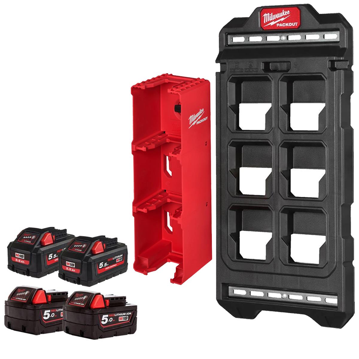 Milwaukee Packout Compact Mounting Plate with M18 Battery Holder & 4 x Batteries
