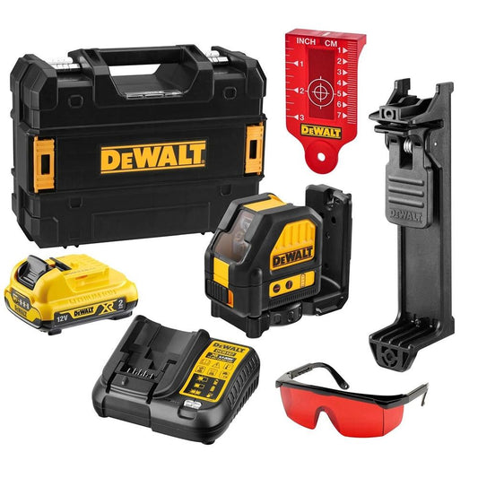 Dewalt DCE088D1R-GB 12V XR Cross Line Red Laser with 1 x 2.0Ah Battery, Charger & Case Item Condition Damaged Box