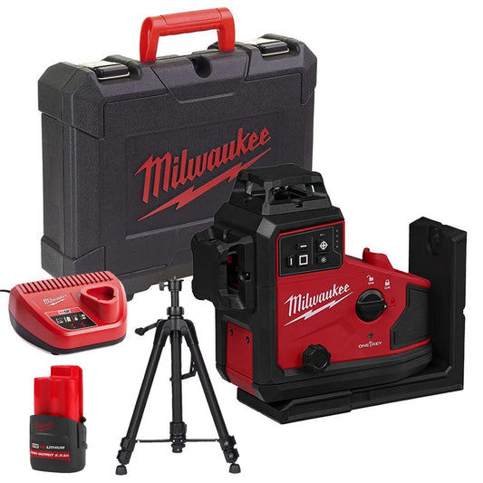 Milwaukee M12A3PLO-0C 12V M12 Green Auto Alignment 360° 3 Plane Laser with 1 x 2.5Ah Battery Charger Case & Laser Tripod
