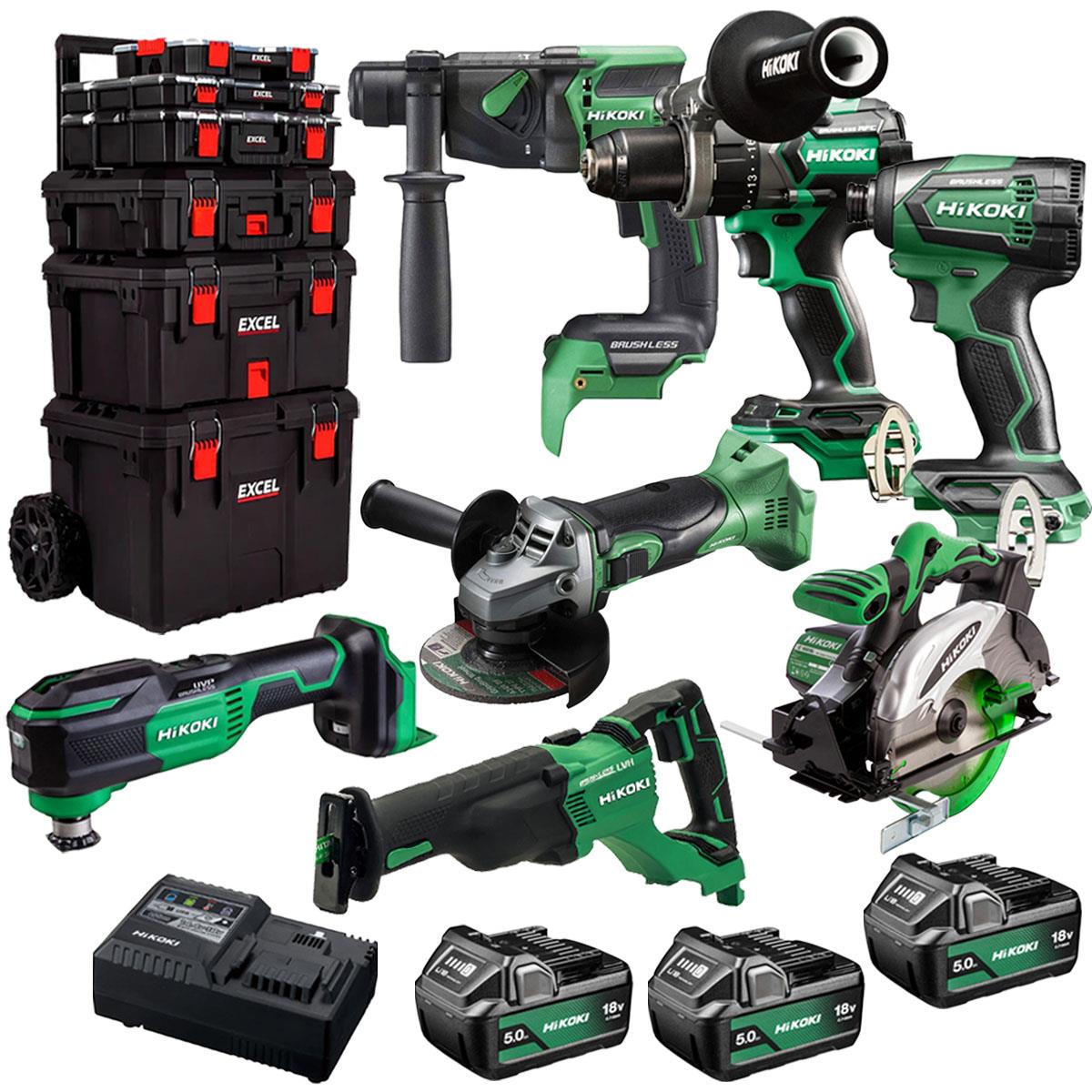Hikoki 18V 7 Piece Power Tool Combo Kit with 3 x 5.0Ah Battery & Trolley Toolbox