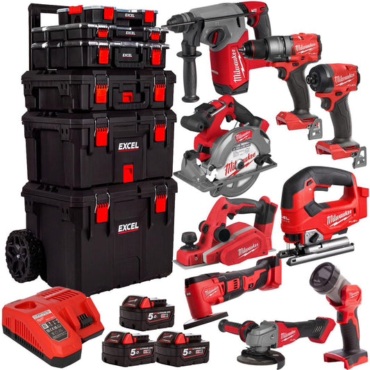 Milwaukee 18V 9 Piece Tool Kit with 3 x 5.0Ah Batteries & Trolley Toolbox