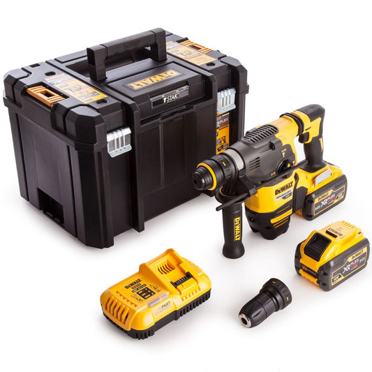 Dewalt DCH334X2 54V Brushless Q/C Chuck SDS Plus Hammer Drill with 2 x 9.0Ah Batteries Charger & Case